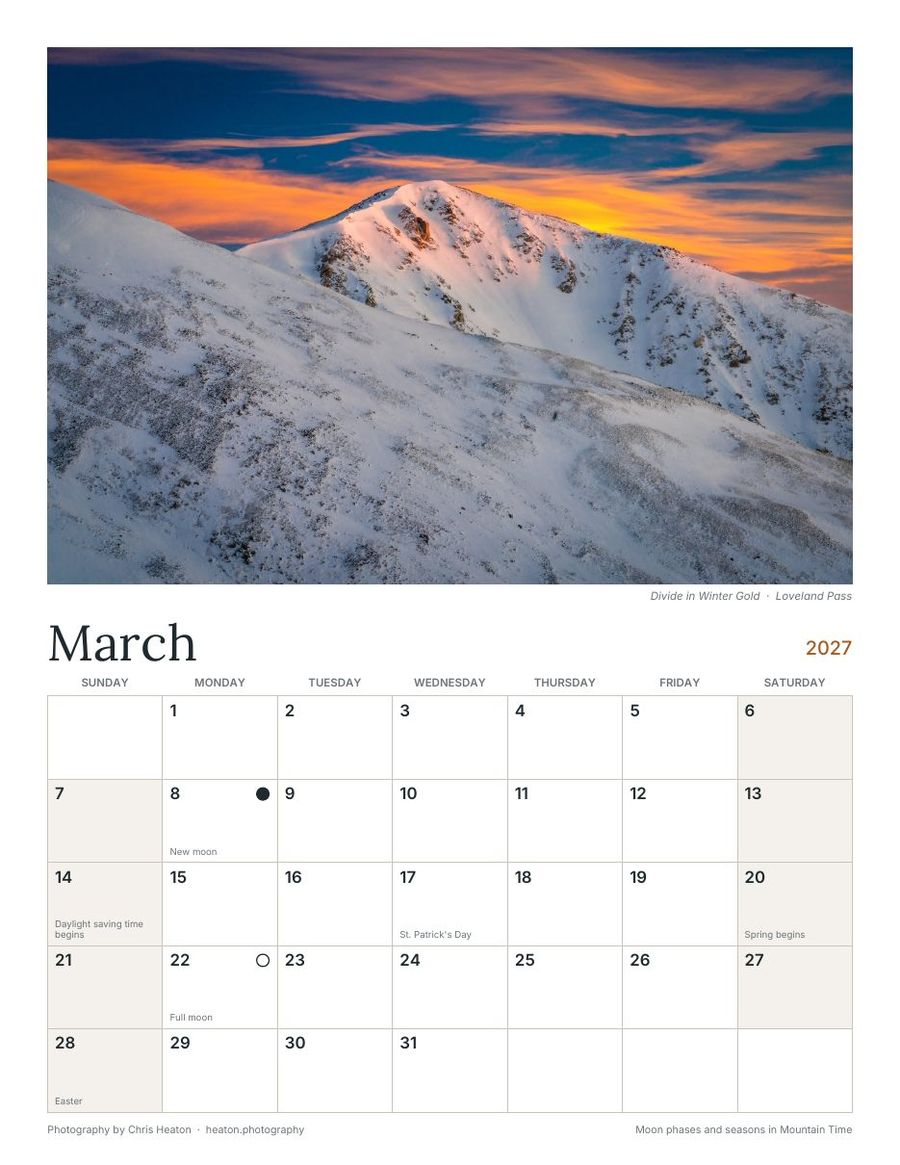 2027 Colorado calendar page: March